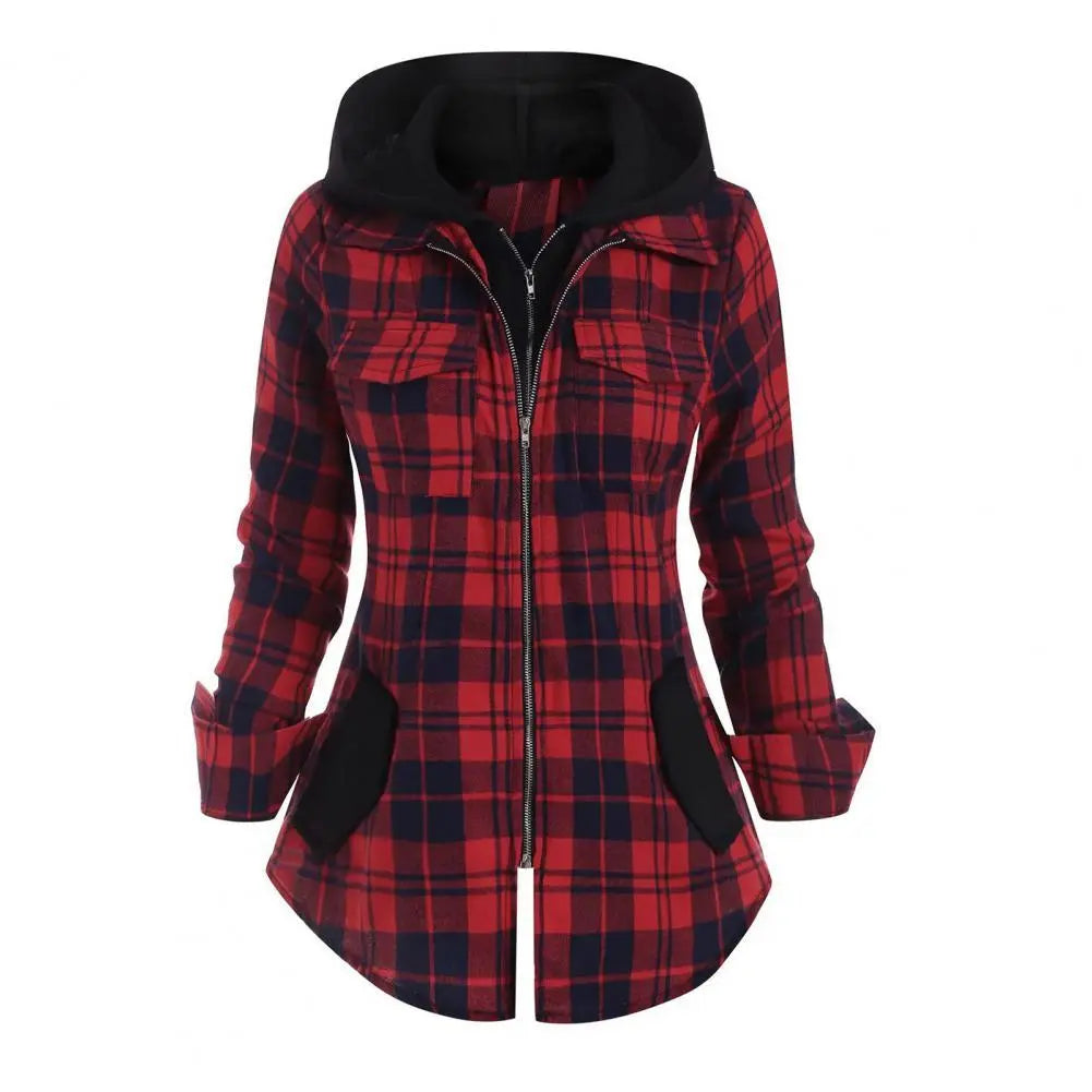Plaid Zip Up Hooded Long Sleeve Shirt