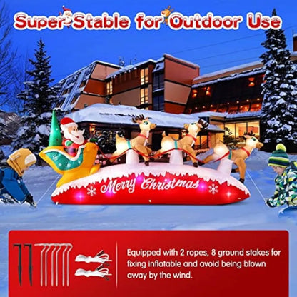 10ft Long Christmas LED Santa Claus with Reindeer Sleigh Inflatable