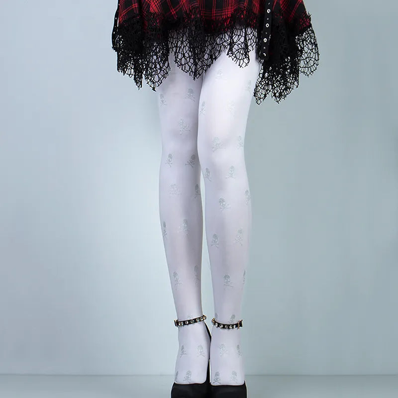 One Size White Skull Pantyhose Stockings