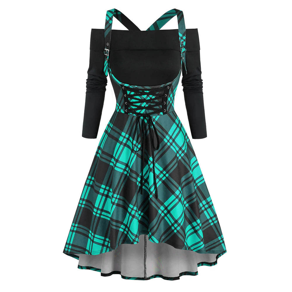 Plaid Lace Up High Low Dress