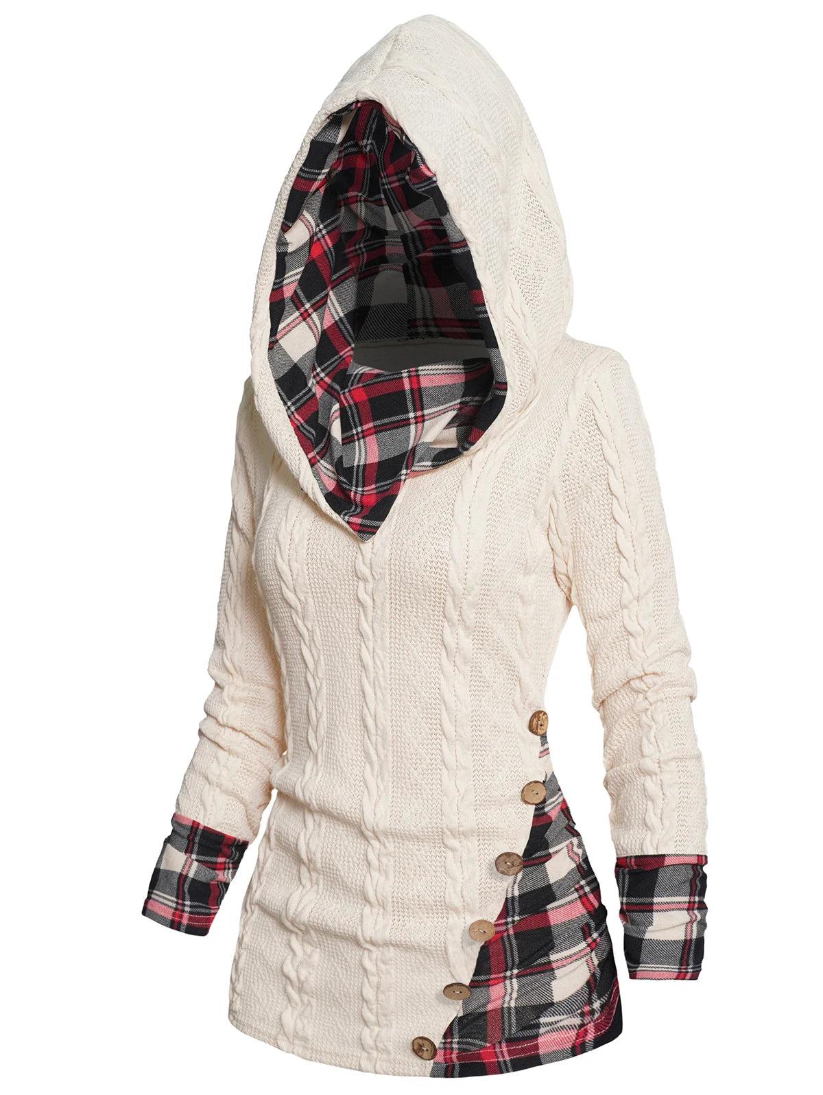 Plaid Textured Knit Hooded Top
