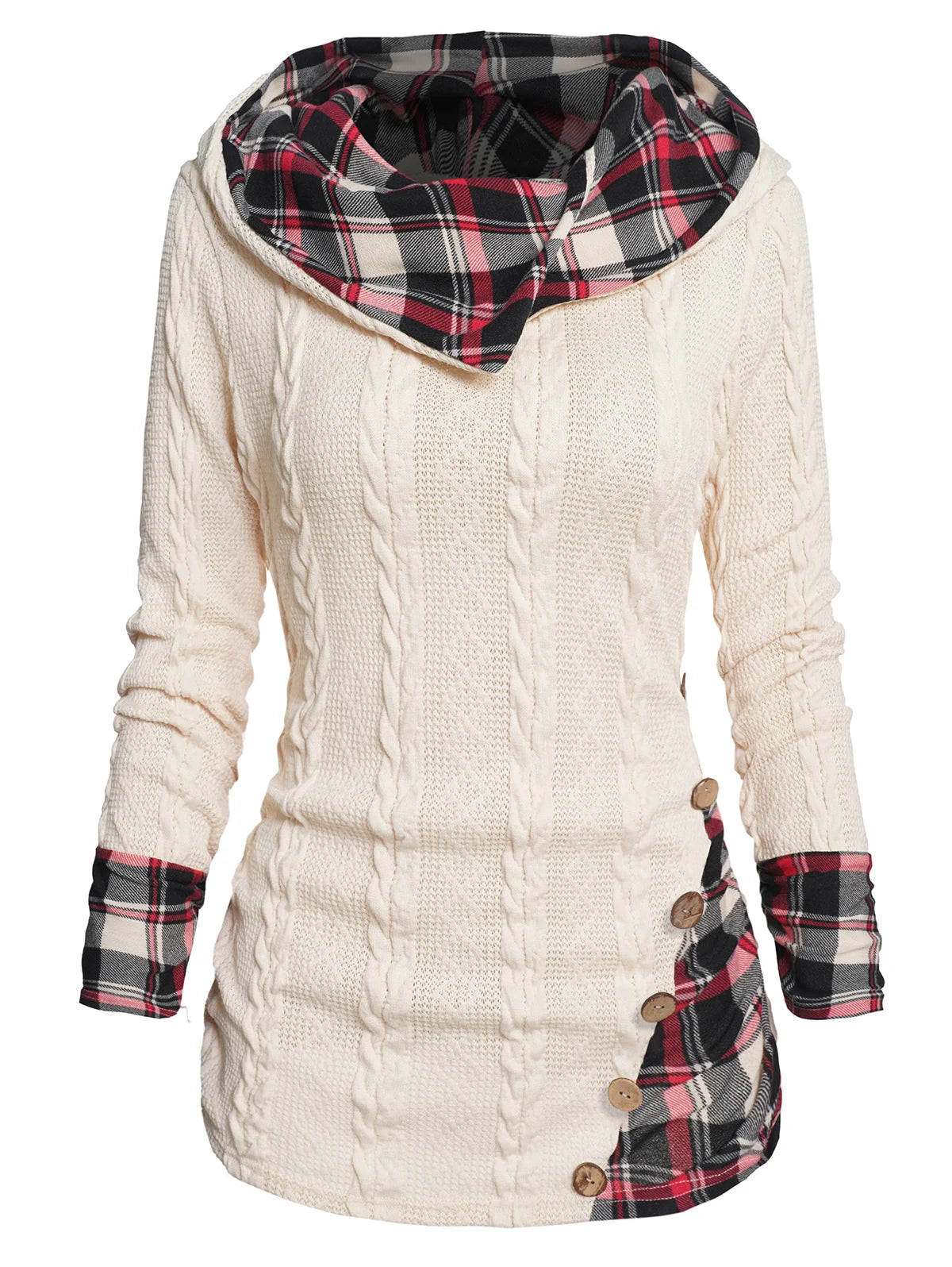 Plaid Textured Knit Hooded Top