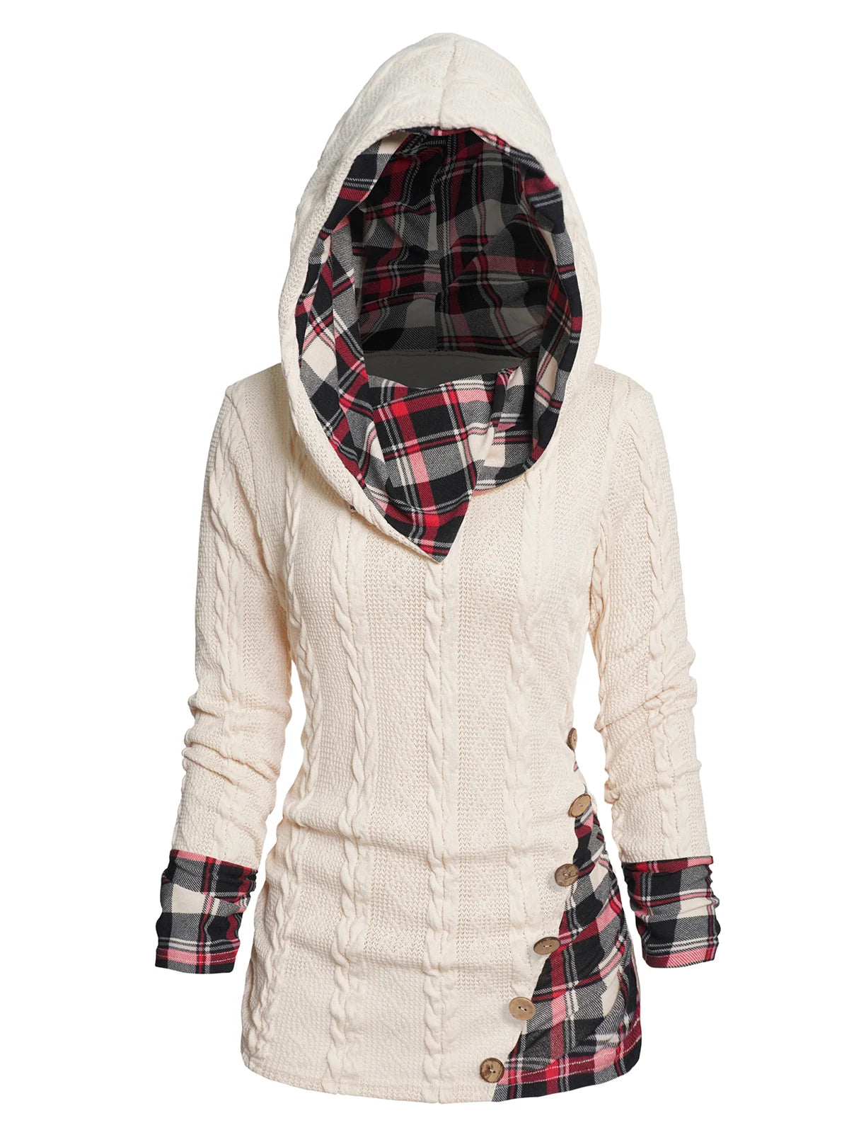 Plaid Textured Knit Hooded Top