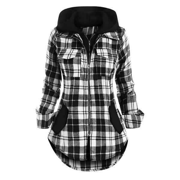 Plaid Zip Up Hooded Long Sleeve Shirt