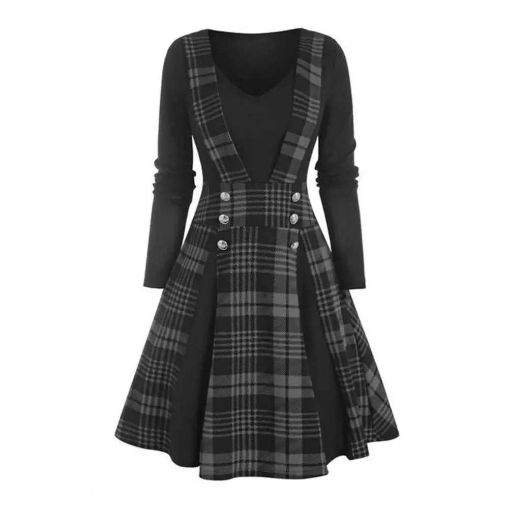 Plaid V Neck Long Sleeve Dress