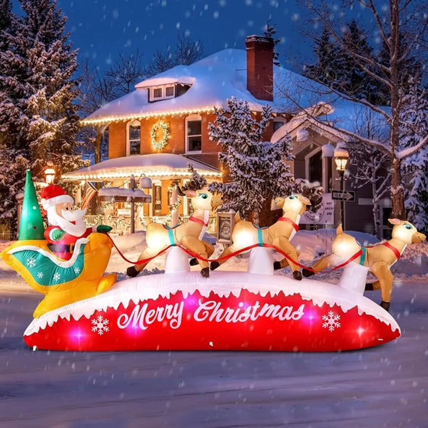 10ft Long Christmas LED Santa Claus with Reindeer Sleigh Inflatable