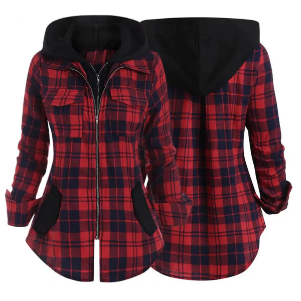 Plaid Zip Up Hooded Long Sleeve Shirt