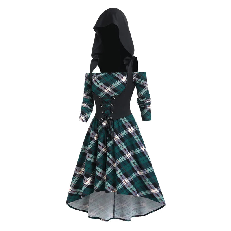 Off Shoulder Plaid Hooded Dress
