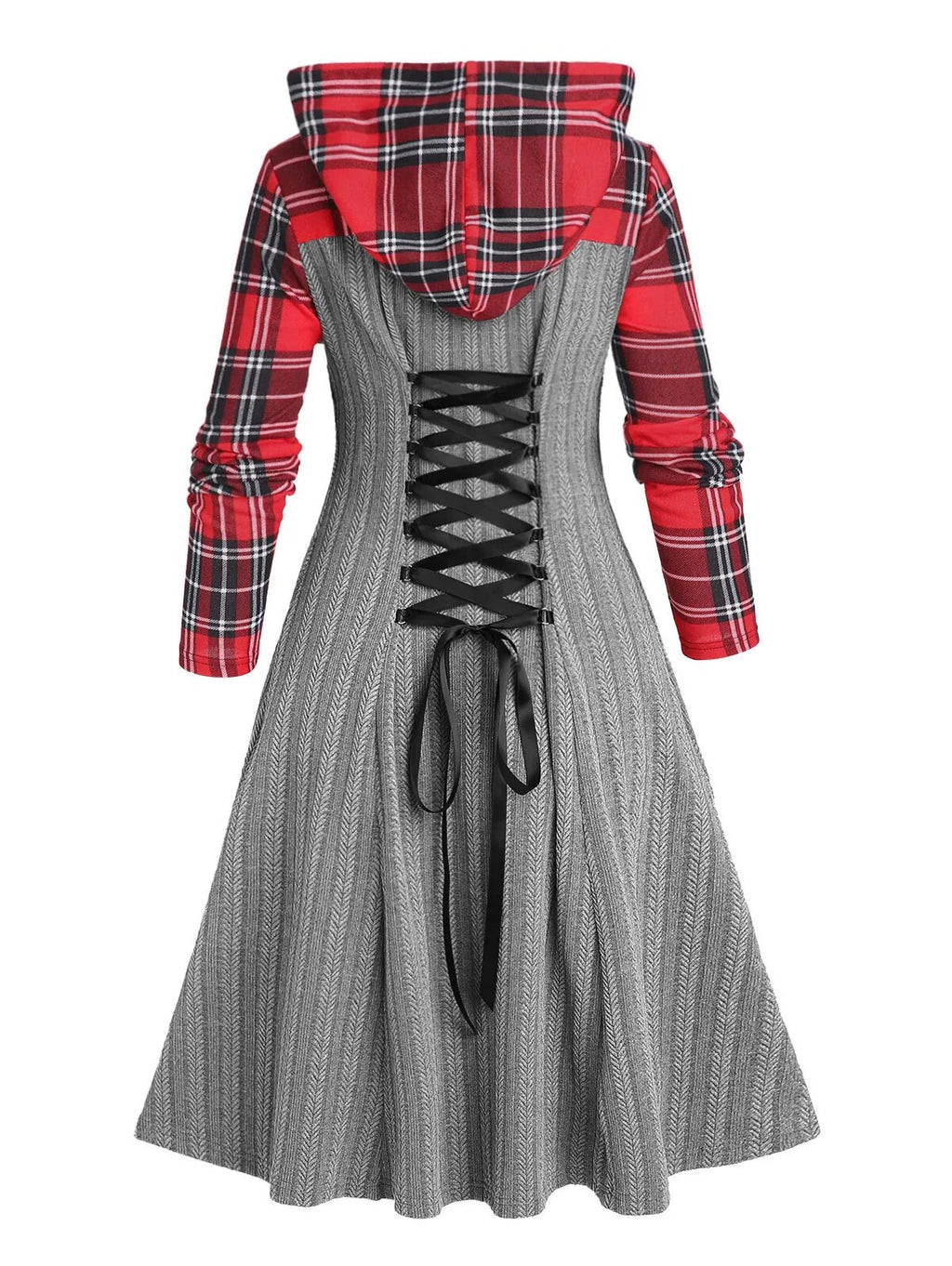 Plaid Textured Knit Hooded Dress