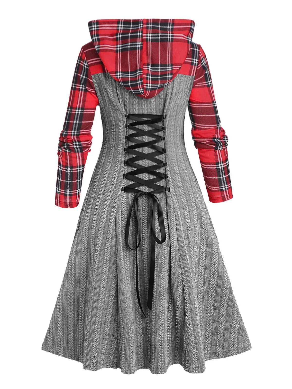 Plaid Textured Knit Hooded Dress