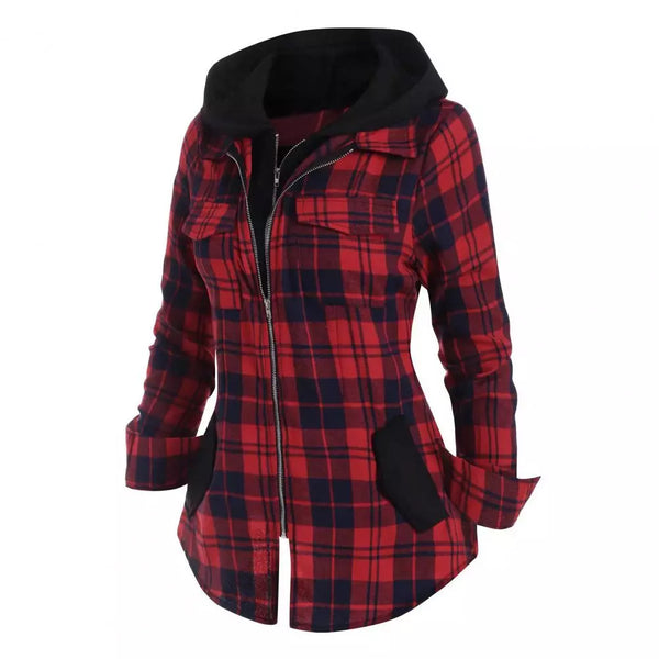 Plaid Zip Up Hooded Long Sleeve Shirt
