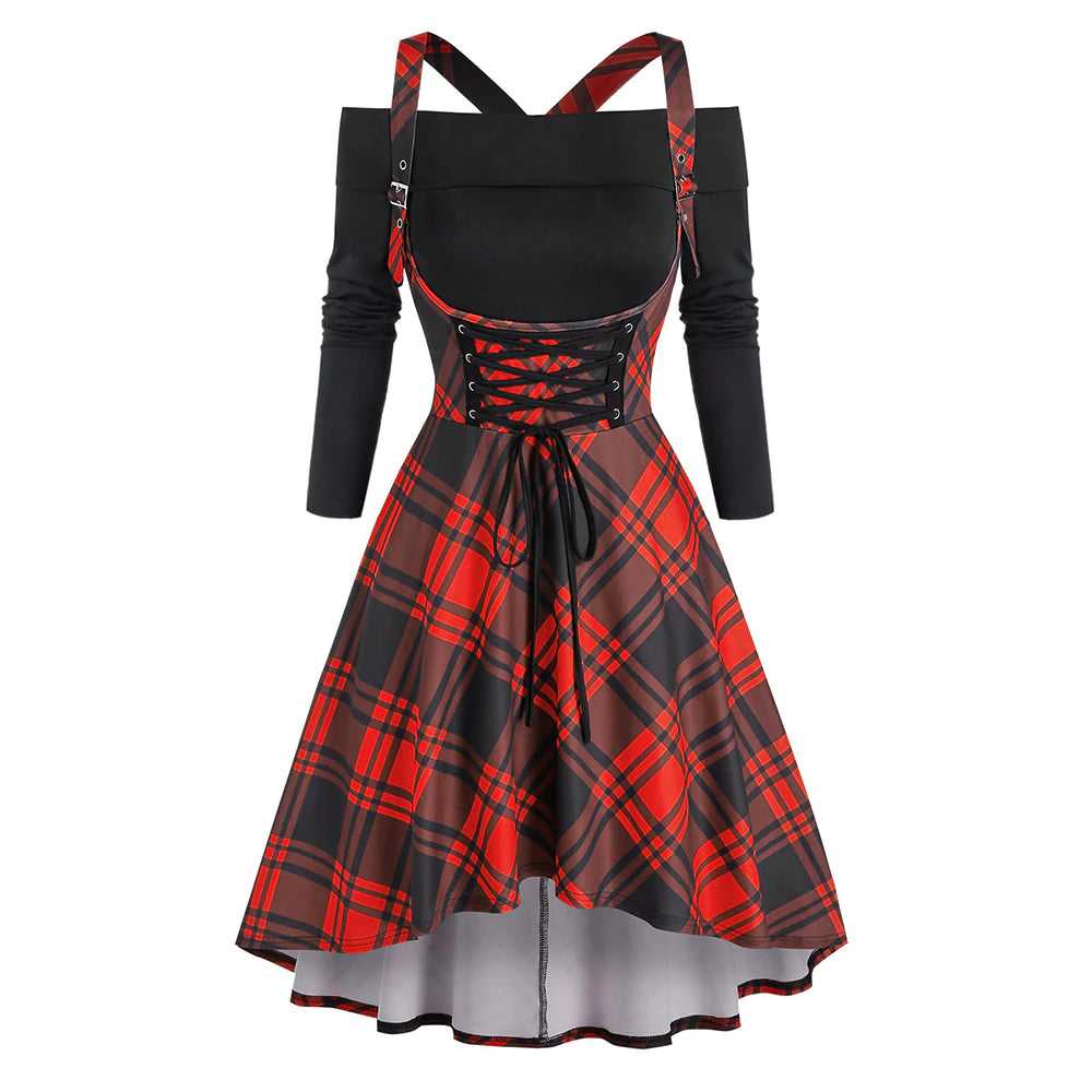Plaid Lace Up High Low Dress