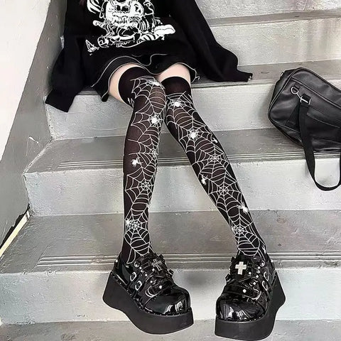 One Size Thigh High Long Cobwebs Socks