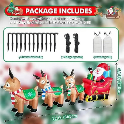 12ft Long Christmas LED Santa Claus with Reindeer Sleigh Inflatable