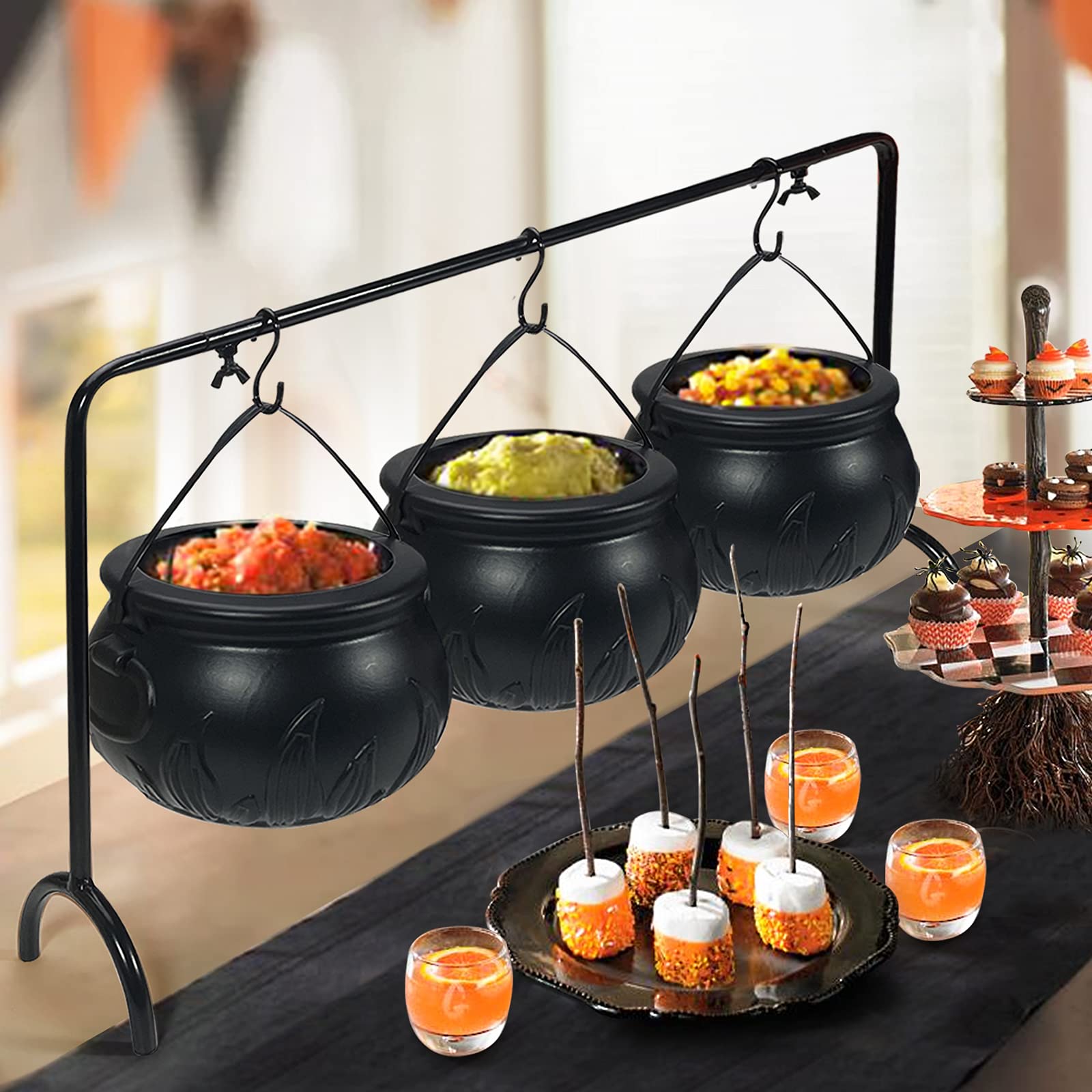 Set of 3 Witches Cauldron Serving Bowls on Rack
