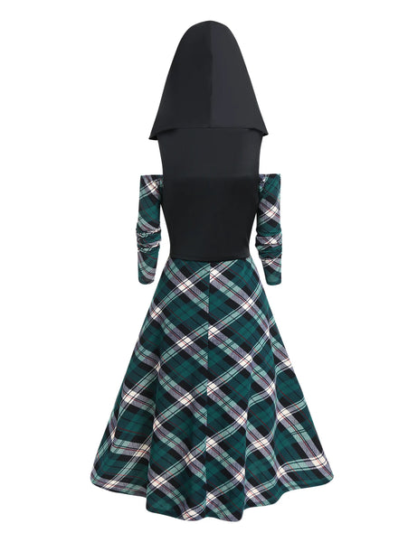 Off Shoulder Plaid Hooded Dress