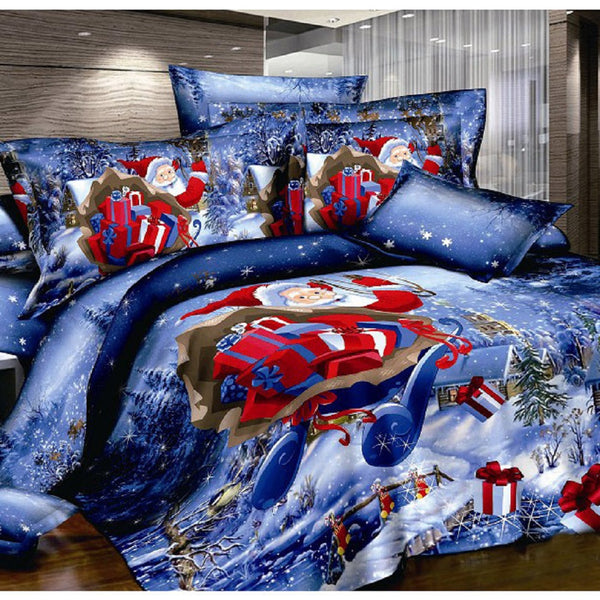 4pcs Santa Claus Christmas Blue Bedding Duvet Set