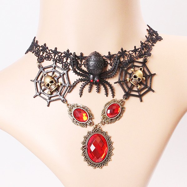 Spider Skull Hollowed Faux Ruby Gothic Lace Necklace