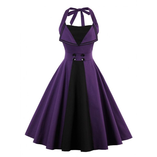 Gothic Halter Purple and Black Backless Buttoned Vintage Dress