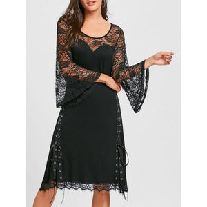 Flare Sleeve Sheer Lace Up Dress