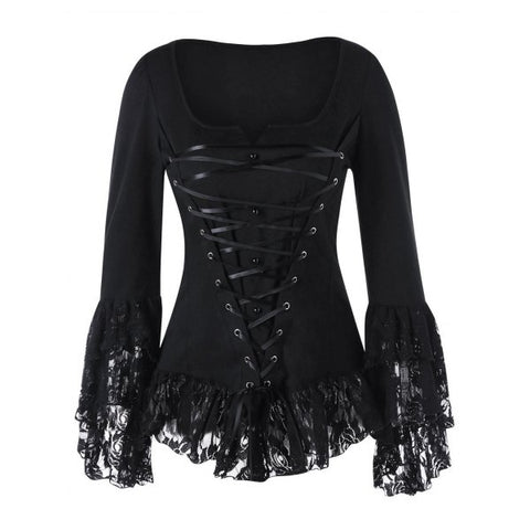 Black Square Neck Lace Up Gothic Top