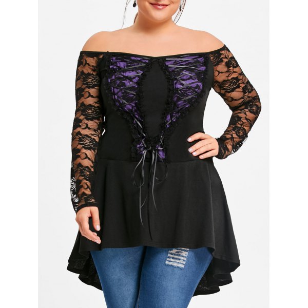 Plus Size Gothic Black Lace Up Dip Hem Top