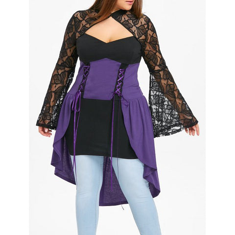 Plus Size Sheer Dip Hem Gothic Lace Purple Top