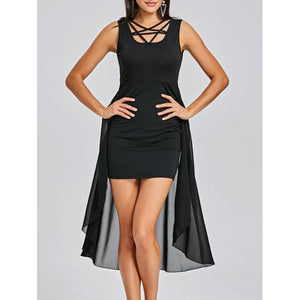 Black Sleeveless Fitted Dress with Skirt Overlay