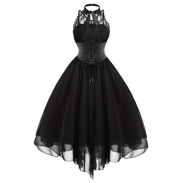 Gothic Cross Back Lace Panel Corset Dress