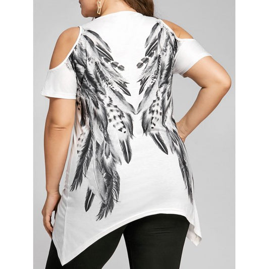 Plus Size White Angel Feather Print Cold Shoulder T-Shirt