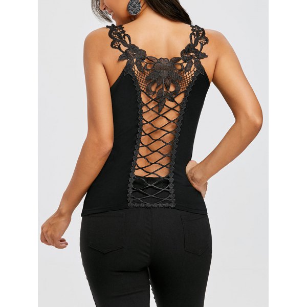 Lace Appliqued Lattice Back Gothic Floral Tank Top