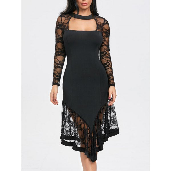 Asymmetrical Black Cut Out Lace Panel Gothic Dress