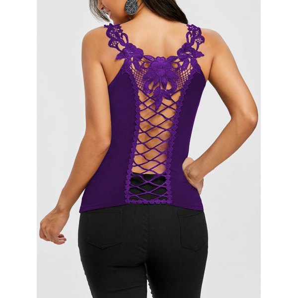 Lace Appliqued Lattice Back Gothic Floral Tank Top