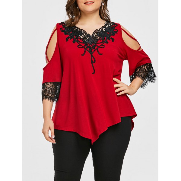 Plus Size Appliqued V Neck Cold Shoulder Gothic Shirt