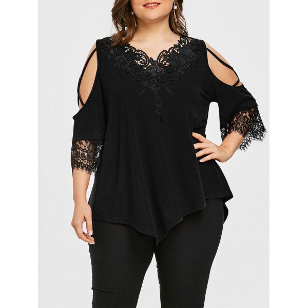 Plus Size Appliqued V Neck Cold Shoulder Gothic Shirt