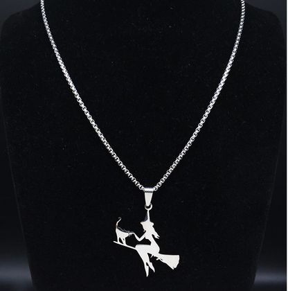 Cat And The Witch On A Broom Stainless Steel Necklace