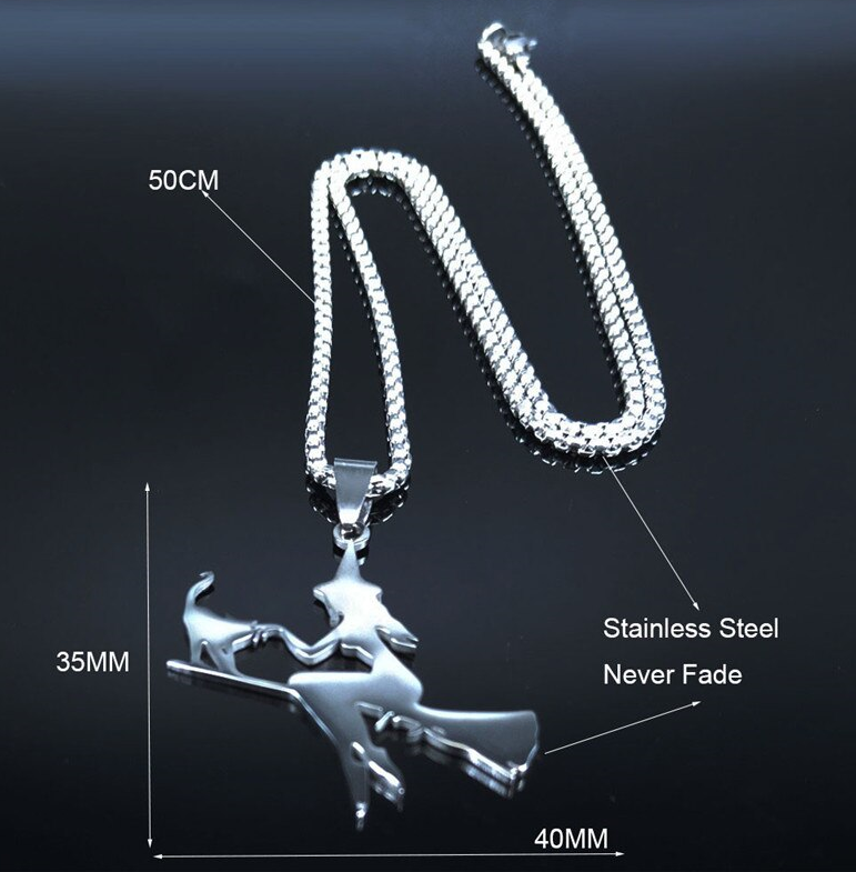Cat And The Witch On A Broom Stainless Steel Necklace