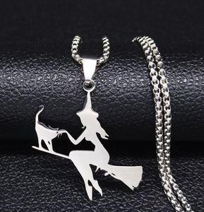 Cat And The Witch On A Broom Stainless Steel Necklace