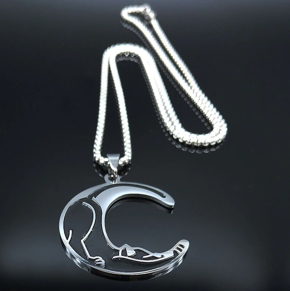 Stainless Steel Moon Cat  Necklace