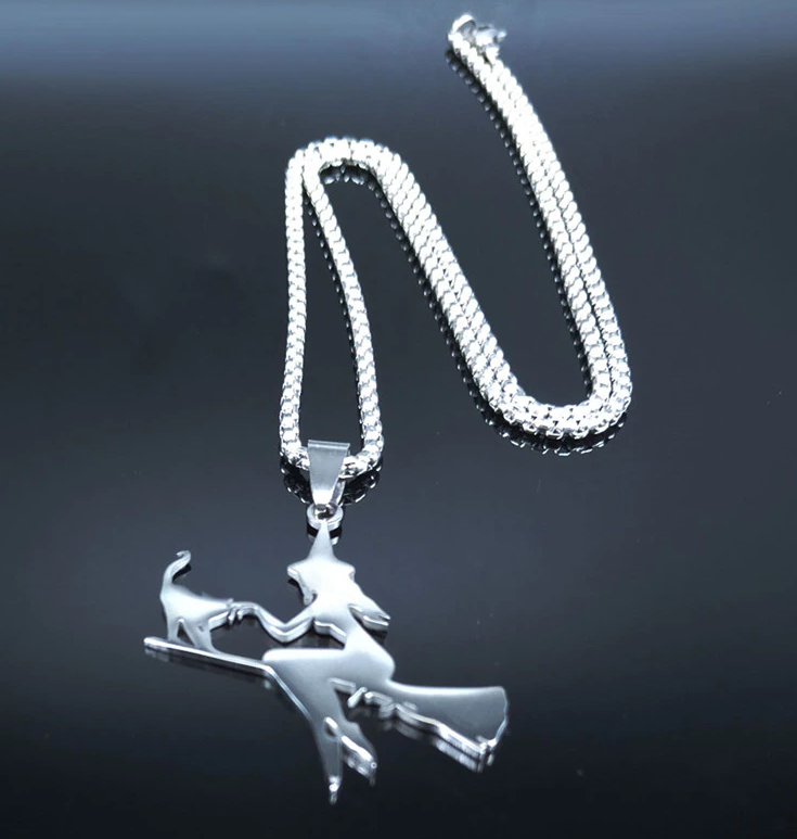 Cat And The Witch On A Broom Stainless Steel Necklace
