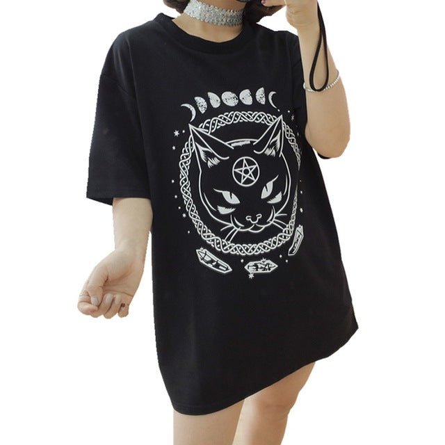 Gothic Moon Phase Witchcraft Cat Printed Shirt