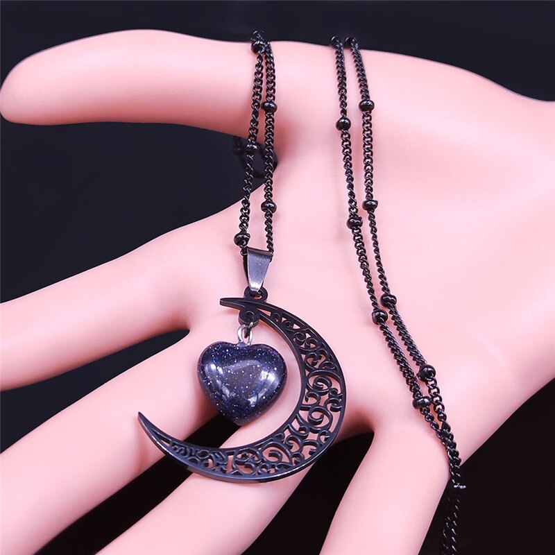 The Moon Charm Black Stainless Steel Necklace