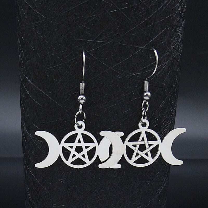 Sun Moon Pentagram Stainless Steel Earrings