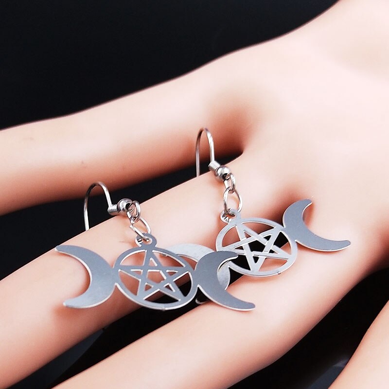 Sun Moon Pentagram Stainless Steel Earrings