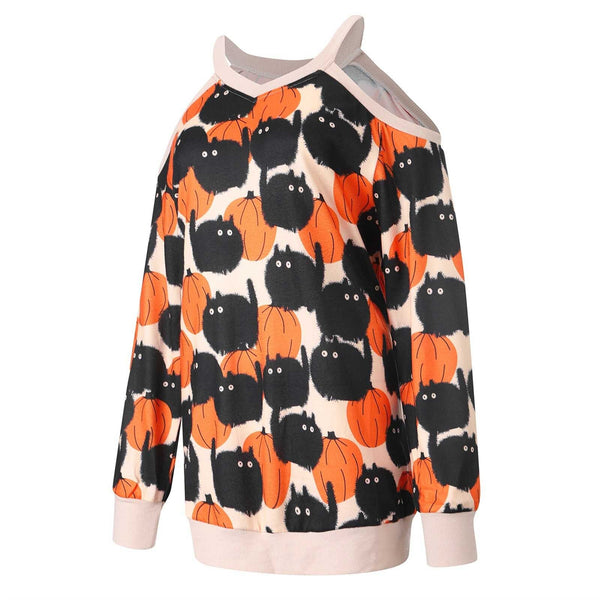 Off Shoulder Black Cat & Pumpkins Sweater