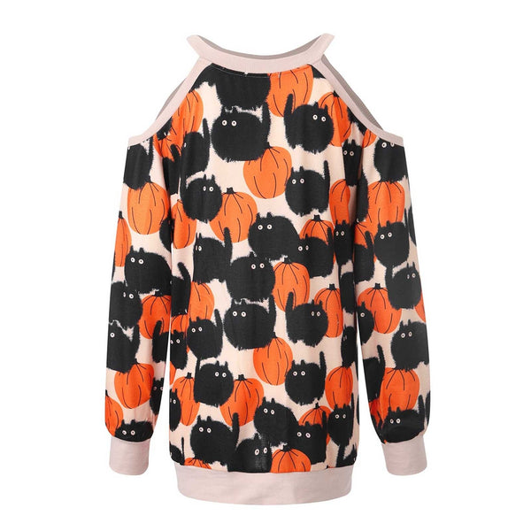 Off Shoulder Black Cat & Pumpkins Sweater