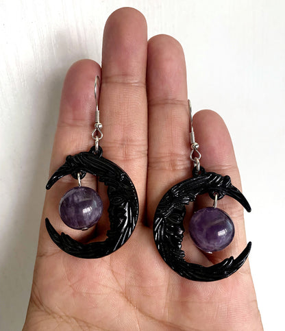 Purple Crystal Crescent Moon Earrings