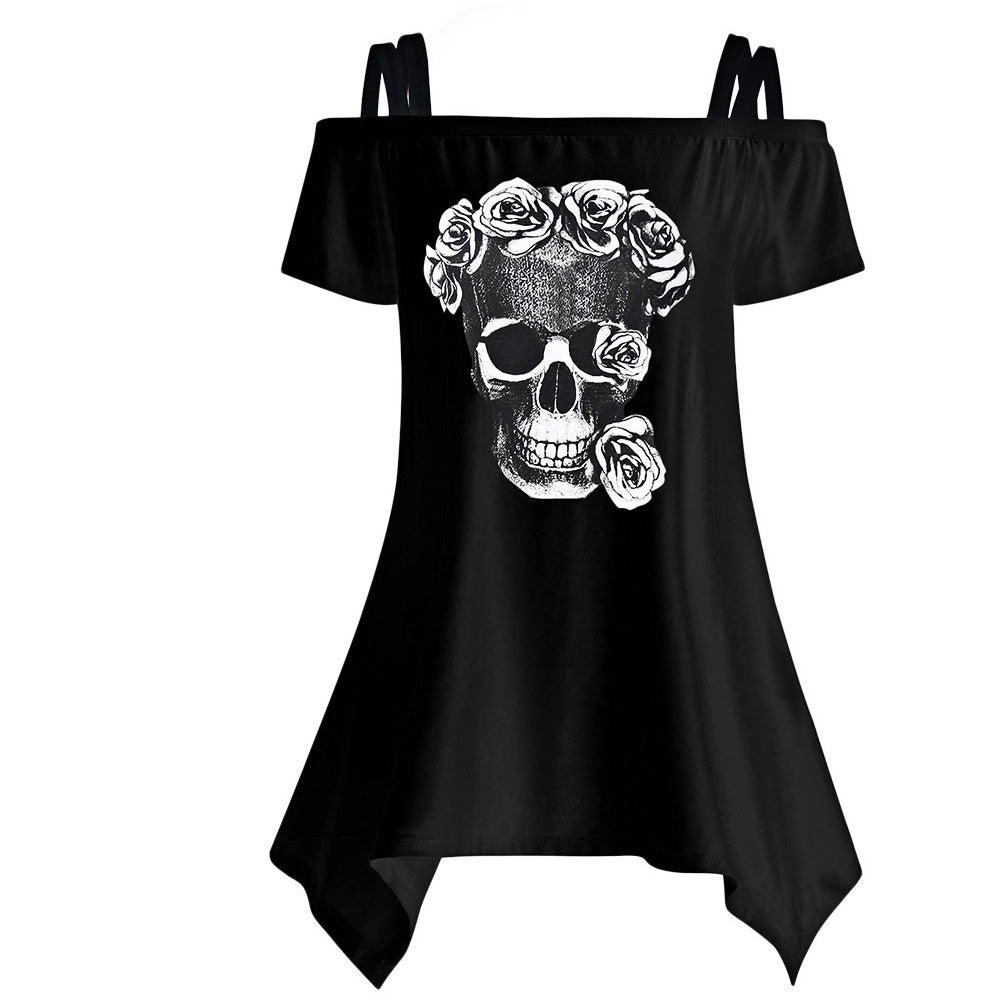 VestLinda Asymmetric Off Shoulder Skull Blouse