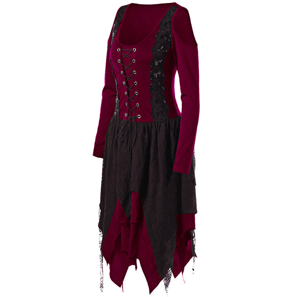 Gothic Cold Shoulder Long Sleeve Lace Up Layered Gamiss Handkerchief Dress