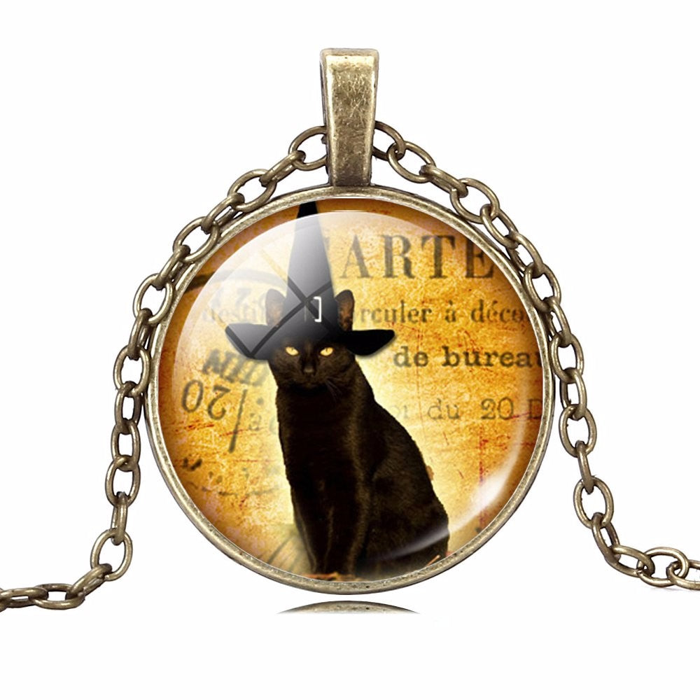Black Hat Cat  Pendant Necklace